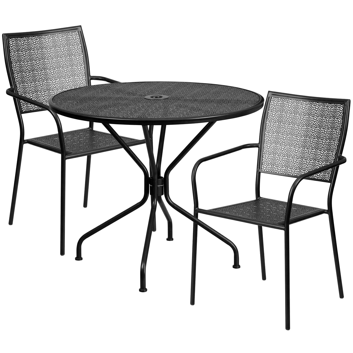 Oia Commercial Grade 35.25" Round Black Indoor-Outdoor Steel Patio Table Set with 2 Square Back Chairs Black