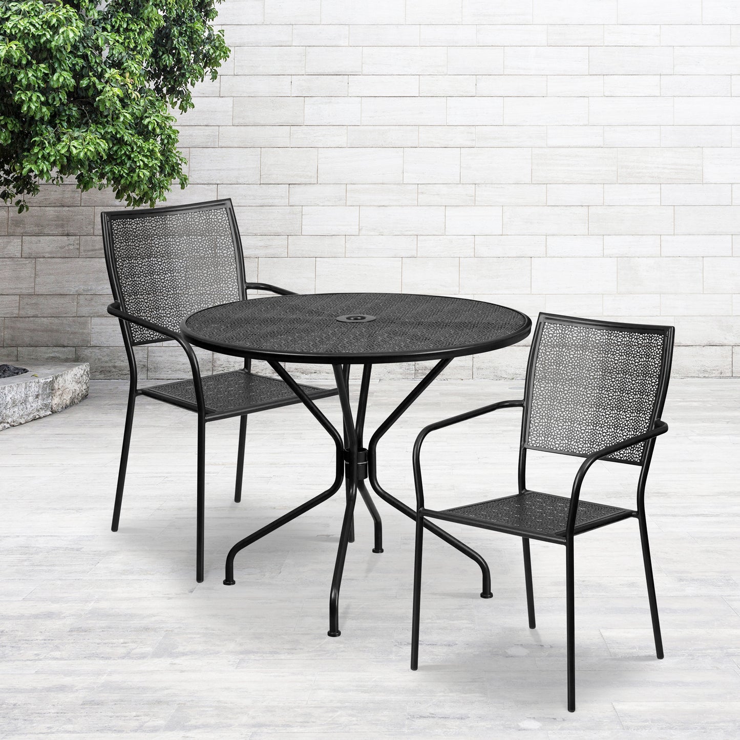 Oia Commercial Grade 35.25" Round Black Indoor-Outdoor Steel Patio Table Set with 2 Square Back Chairs Black