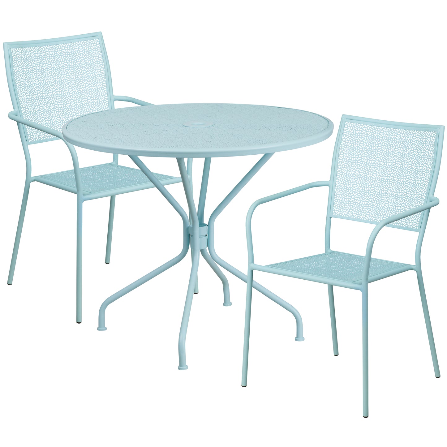 Oia Commercial Grade 35.25" Round Sky Blue Indoor-Outdoor Steel Patio Table Set with 2 Square Back Chairs Sky Blue