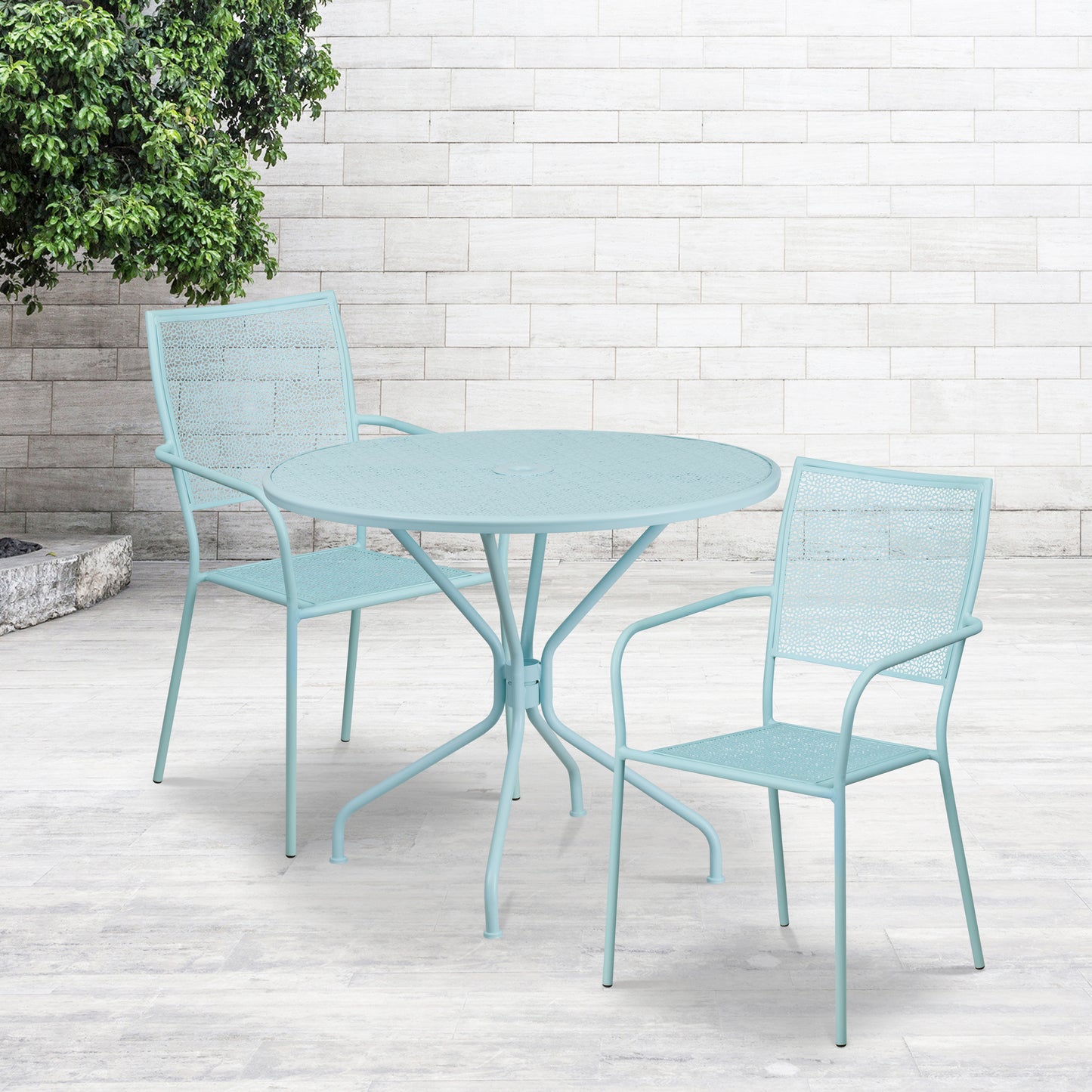 Oia Commercial Grade 35.25" Round Sky Blue Indoor-Outdoor Steel Patio Table Set with 2 Square Back Chairs Sky Blue