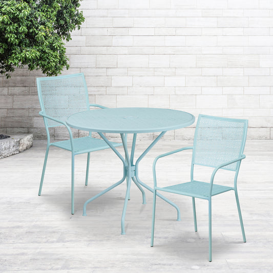 Oia Commercial Grade 35.25" Round Sky Blue Indoor-Outdoor Steel Patio Table Set with 2 Square Back Chairs Sky Blue