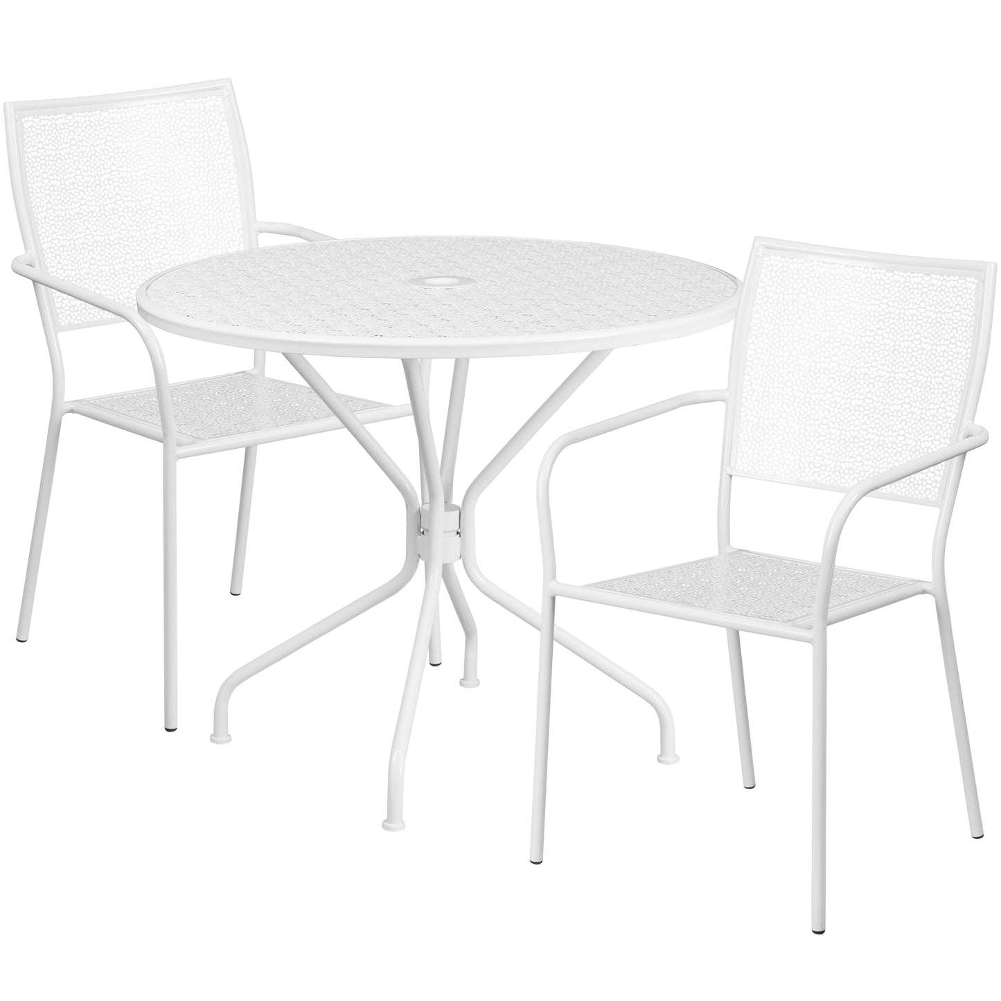 Oia Commercial Grade 35.25" Round White Indoor-Outdoor Steel Patio Table Set with 2 Square Back Chairs White