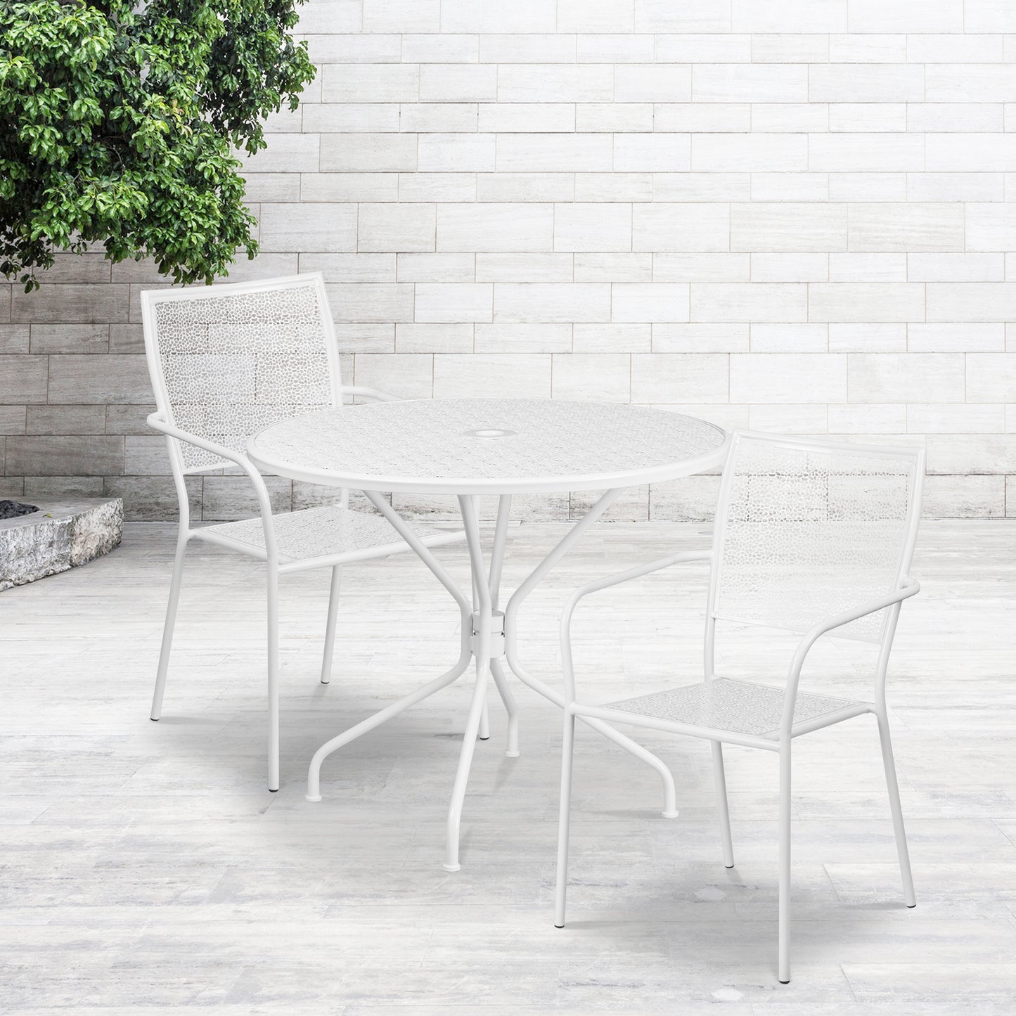 Oia Commercial Grade 35.25" Round White Indoor-Outdoor Steel Patio Table Set with 2 Square Back Chairs White
