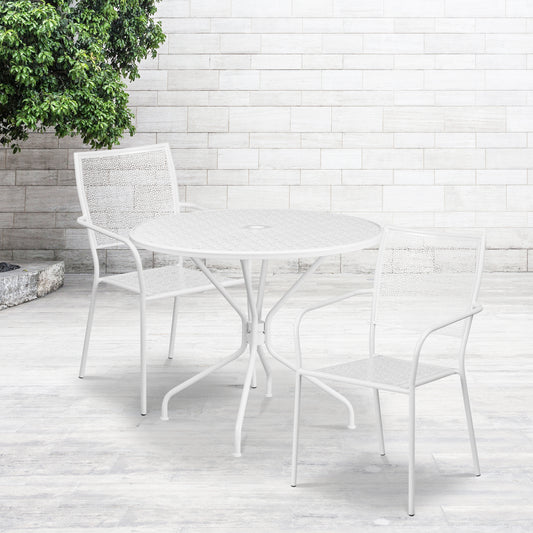 Oia Commercial Grade 35.25" Round White Indoor-Outdoor Steel Patio Table Set with 2 Square Back Chairs White