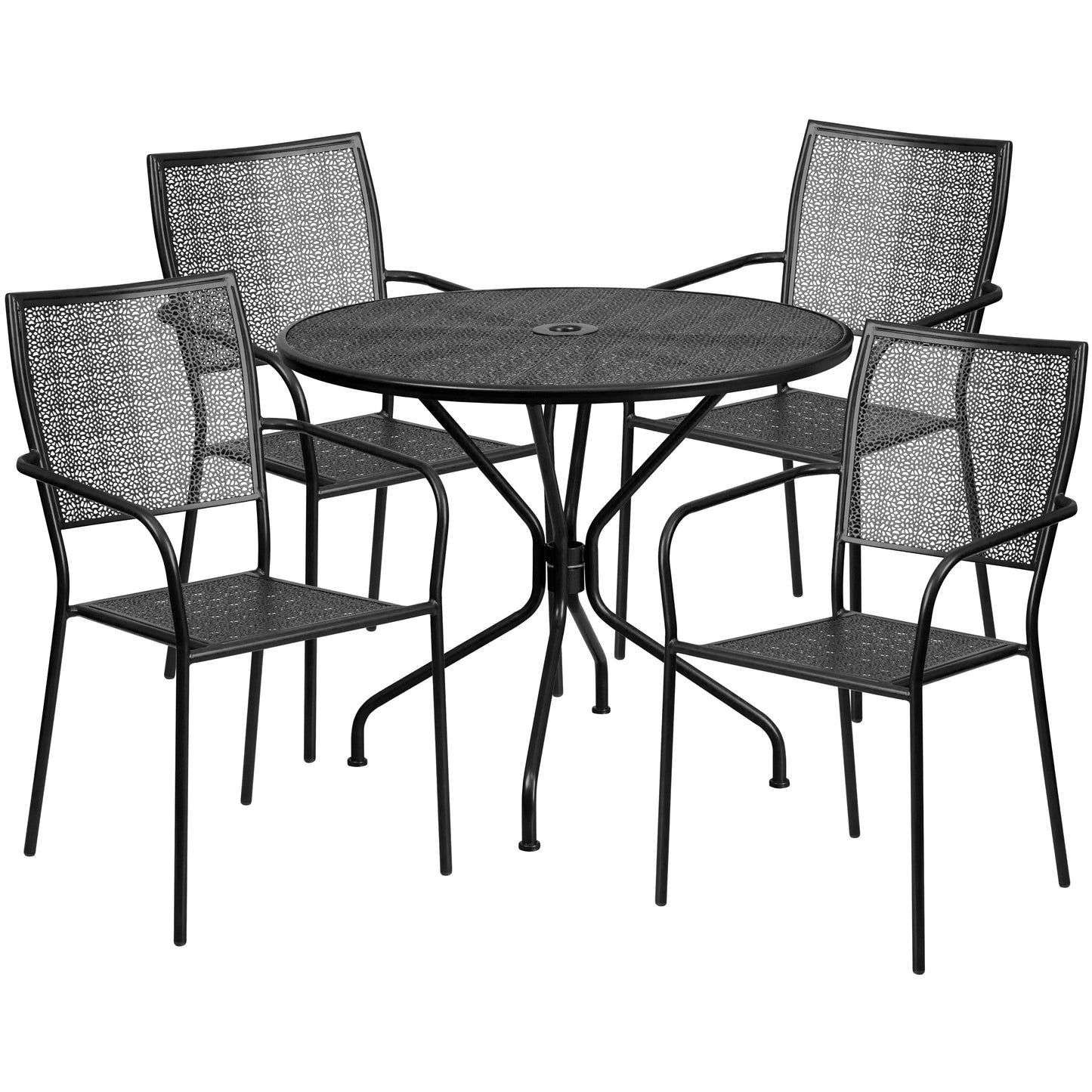 Oia Commercial Grade 35.25" Round Black Indoor-Outdoor Steel Patio Table Set with 4 Square Back Chairs Black