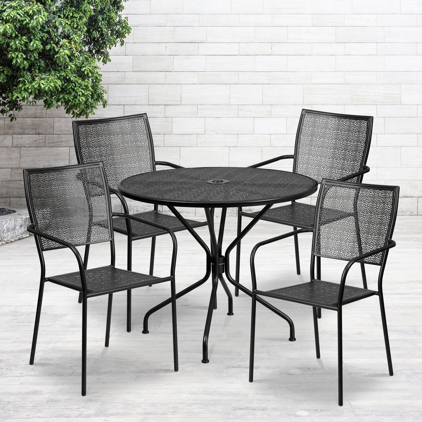 Oia Commercial Grade 35.25" Round Black Indoor-Outdoor Steel Patio Table Set with 4 Square Back Chairs Black