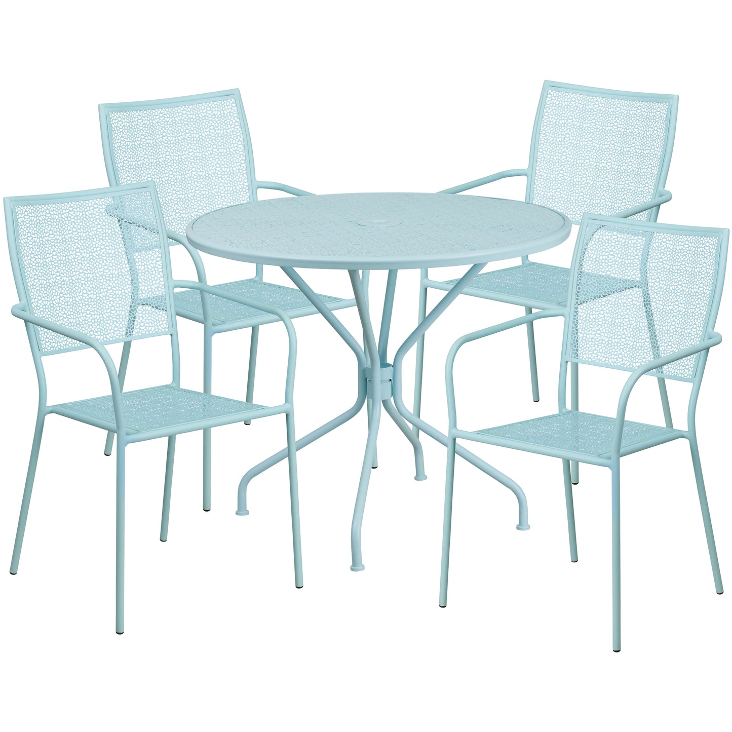 Oia Commercial Grade 35.25" Round Sky Blue Indoor-Outdoor Steel Patio Table Set with 4 Square Back Chairs Sky Blue