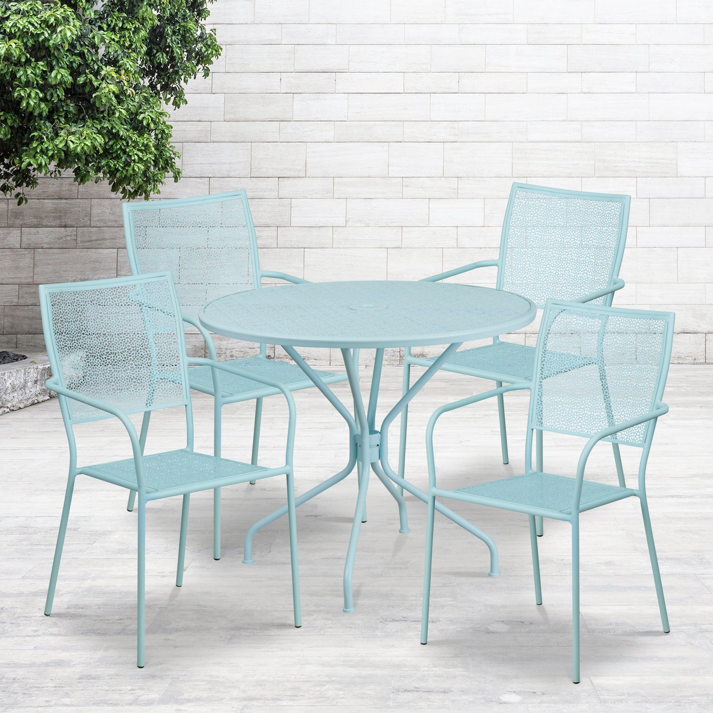 Oia Commercial Grade 35.25" Round Sky Blue Indoor-Outdoor Steel Patio Table Set with 4 Square Back Chairs Sky Blue