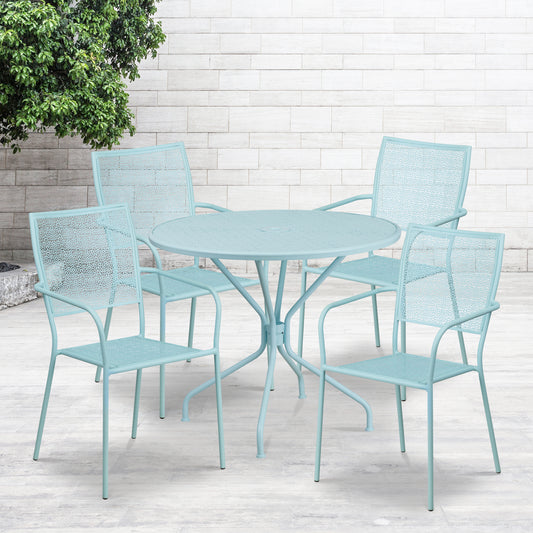 Oia Commercial Grade 35.25" Round Sky Blue Indoor-Outdoor Steel Patio Table Set with 4 Square Back Chairs Sky Blue