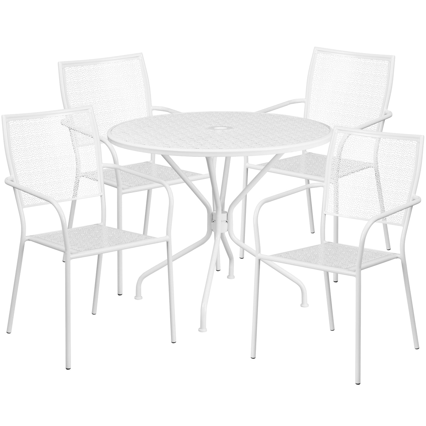 Oia Commercial Grade 35.25" Round White Indoor-Outdoor Steel Patio Table Set with 4 Square Back Chairs White