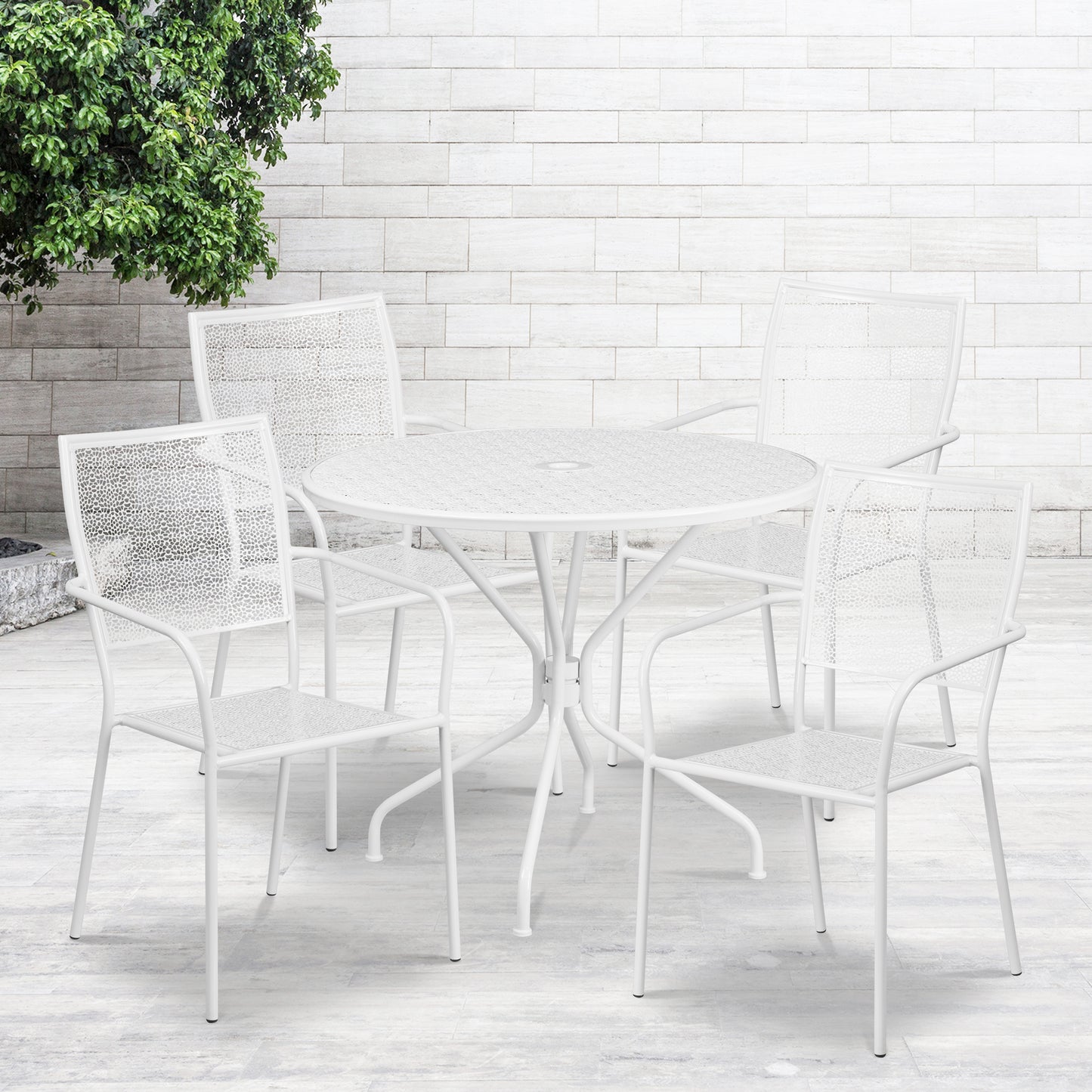 Oia Commercial Grade 35.25" Round White Indoor-Outdoor Steel Patio Table Set with 4 Square Back Chairs White