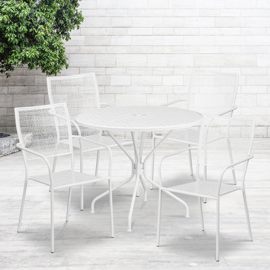 Oia Commercial Grade 35.25" Round White Indoor-Outdoor Steel Patio Table Set with 4 Square Back Chairs White