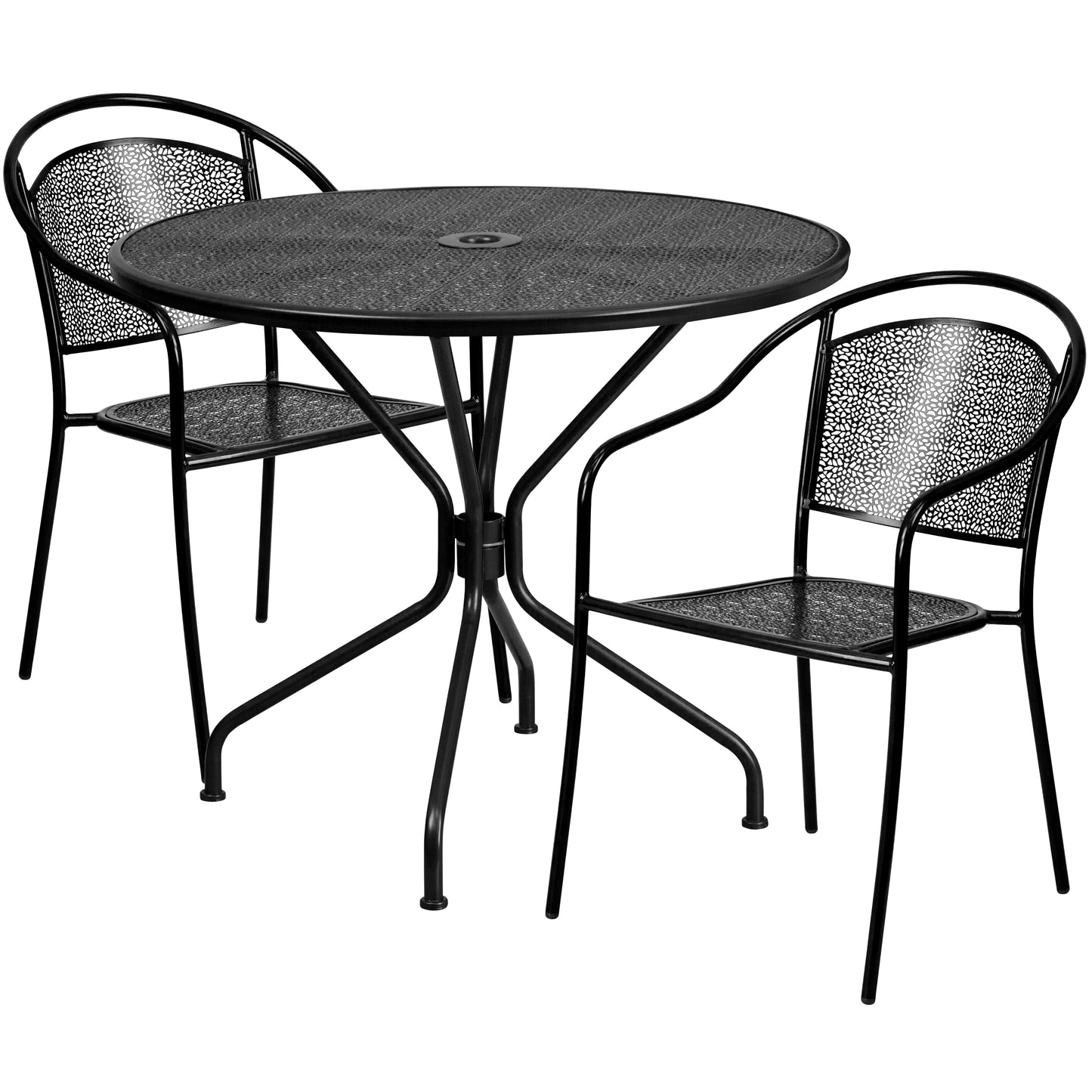 Oia Commercial Grade 35.25" Round Black Indoor-Outdoor Steel Patio Table Set with 2 Round Back Chairs Black