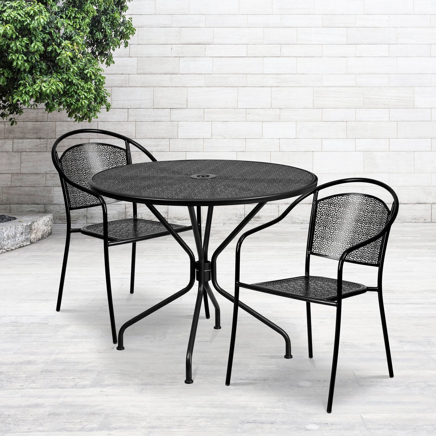 Oia Commercial Grade 35.25" Round Black Indoor-Outdoor Steel Patio Table Set with 2 Round Back Chairs Black