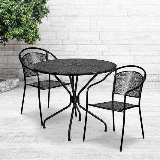 Oia Commercial Grade 35.25" Round Black Indoor-Outdoor Steel Patio Table Set with 2 Round Back Chairs Black