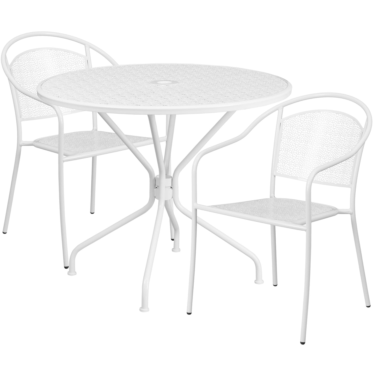 Oia Commercial Grade 35.25" Round White Indoor-Outdoor Steel Patio Table Set with 2 Round Back Chairs White