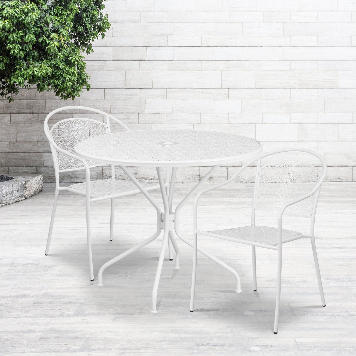 Oia Commercial Grade 35.25" Round White Indoor-Outdoor Steel Patio Table Set with 2 Round Back Chairs White