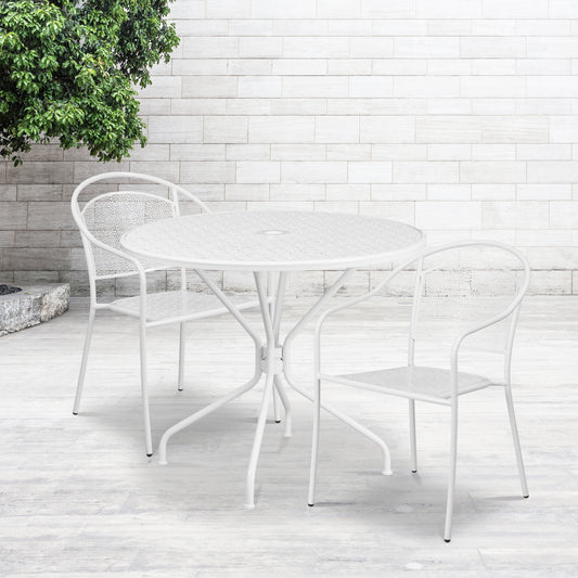 Oia Commercial Grade 35.25" Round White Indoor-Outdoor Steel Patio Table Set with 2 Round Back Chairs White