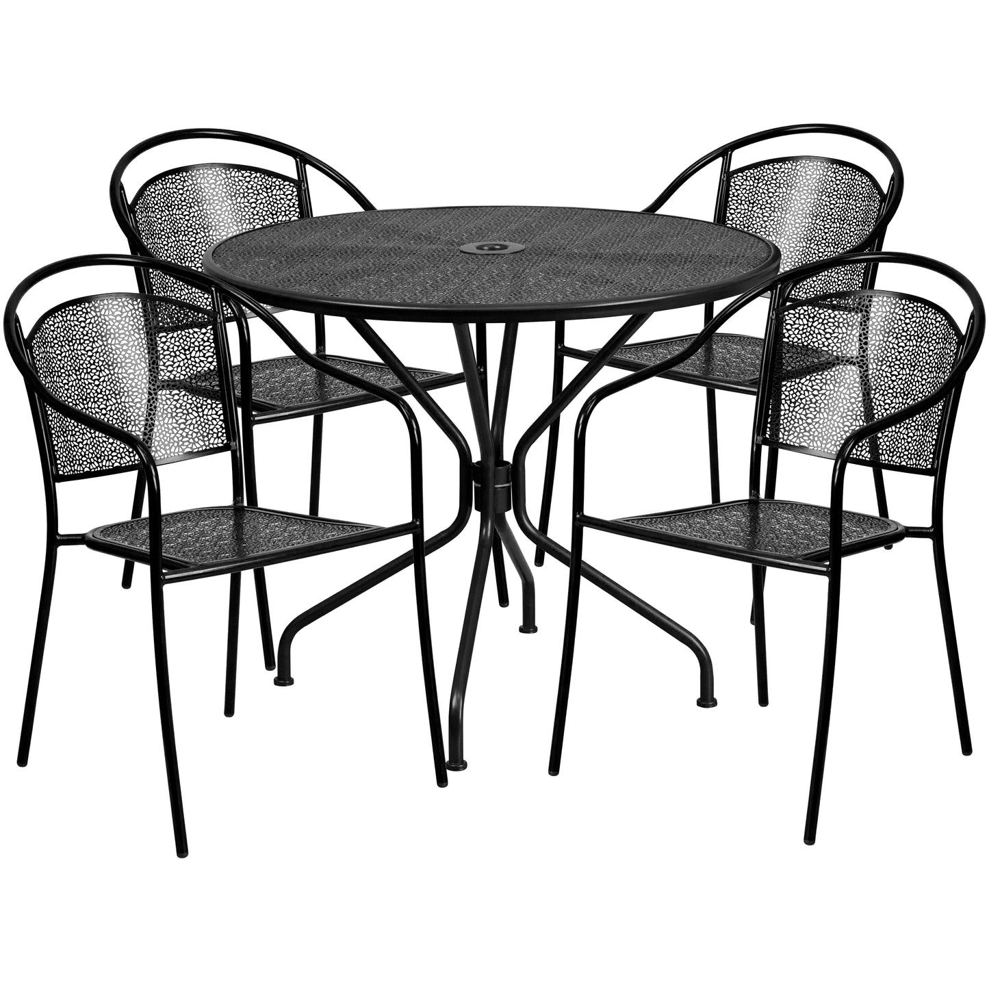 Oia Commercial Grade 35.25" Round Black Indoor-Outdoor Steel Patio Table Set with 4 Round Back Chairs Black