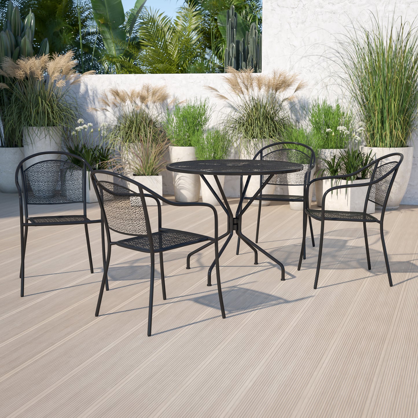 Oia Commercial Grade 35.25" Round Black Indoor-Outdoor Steel Patio Table Set with 4 Round Back Chairs Black