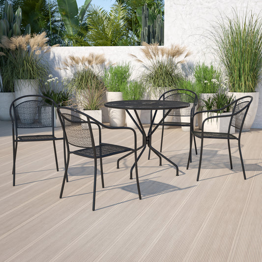 Oia Commercial Grade 35.25" Round Black Indoor-Outdoor Steel Patio Table Set with 4 Round Back Chairs Black