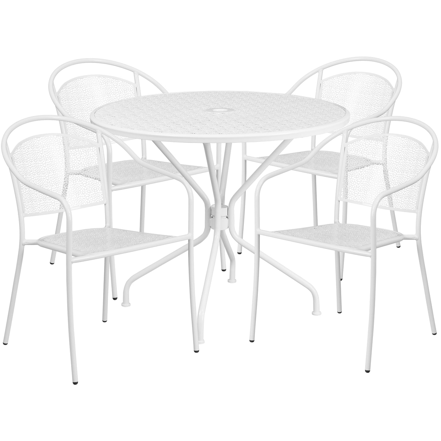 Oia Commercial Grade 35.25" Round White Indoor-Outdoor Steel Patio Table Set with 4 Round Back Chairs White