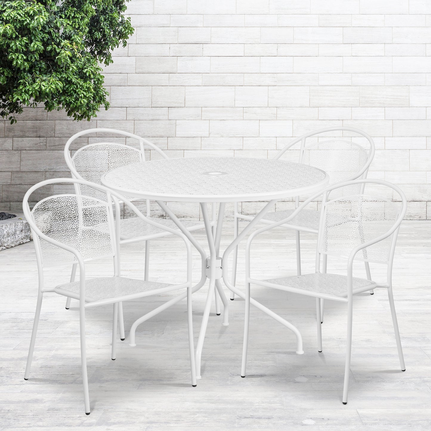 Oia Commercial Grade 35.25" Round White Indoor-Outdoor Steel Patio Table Set with 4 Round Back Chairs White