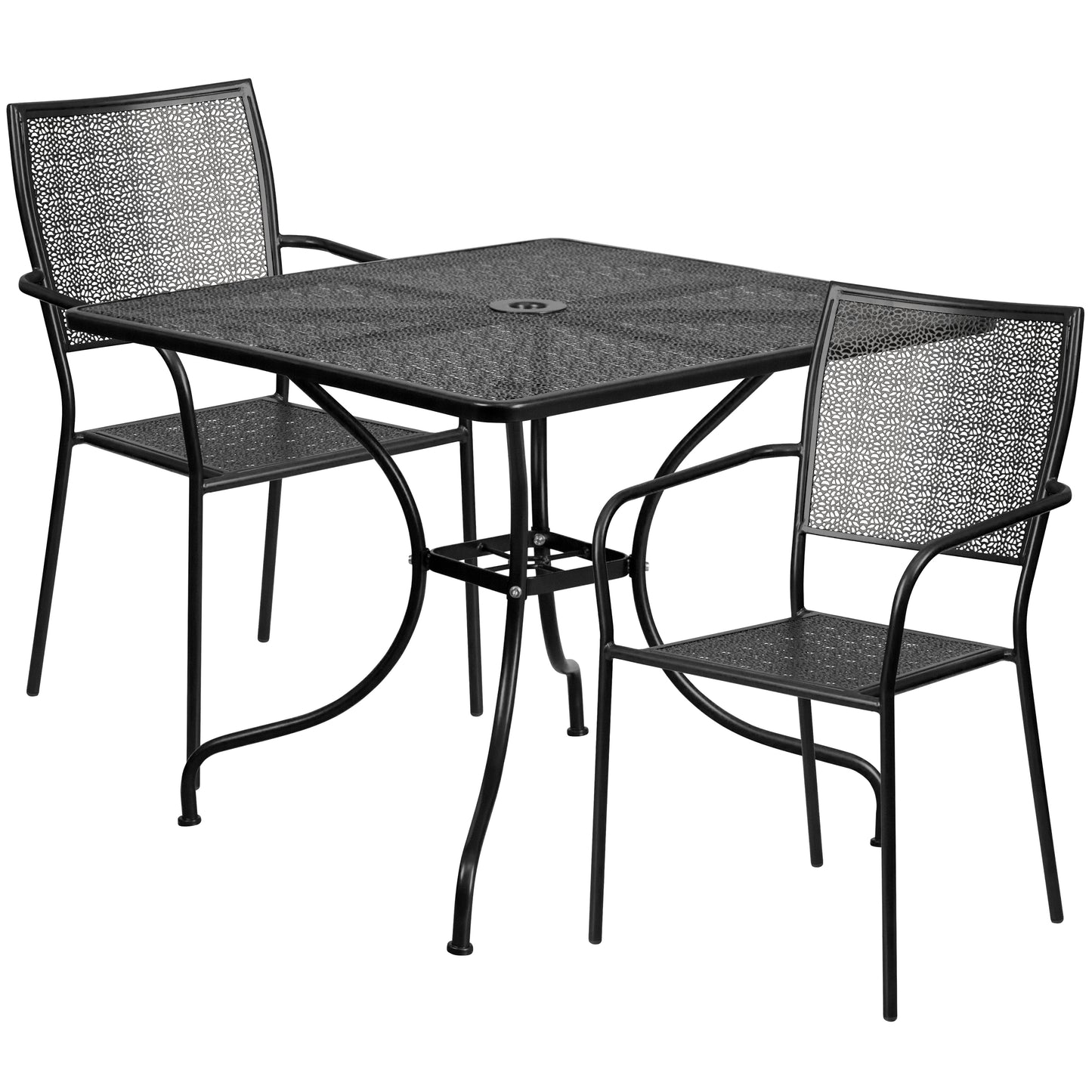 Oia Commercial Grade 35.5" Square Black Indoor-Outdoor Steel Patio Table Set with 2 Square Back Chairs Black