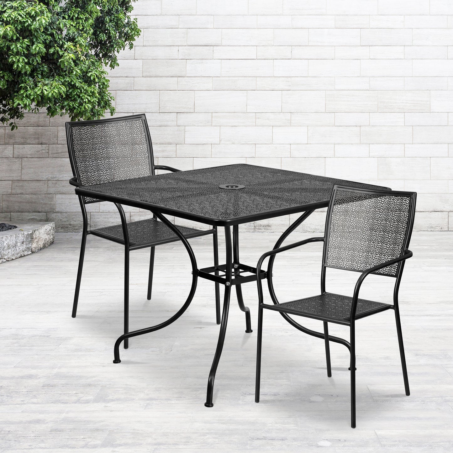 Oia Commercial Grade 35.5" Square Black Indoor-Outdoor Steel Patio Table Set with 2 Square Back Chairs Black