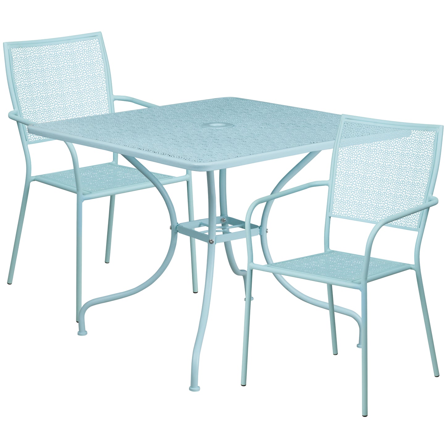 Oia Commercial Grade 35.5" Square Sky Blue Indoor-Outdoor Steel Patio Table Set with 2 Square Back Chairs Sky Blue