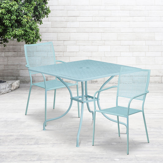 Oia Commercial Grade 35.5" Square Sky Blue Indoor-Outdoor Steel Patio Table Set with 2 Square Back Chairs Sky Blue