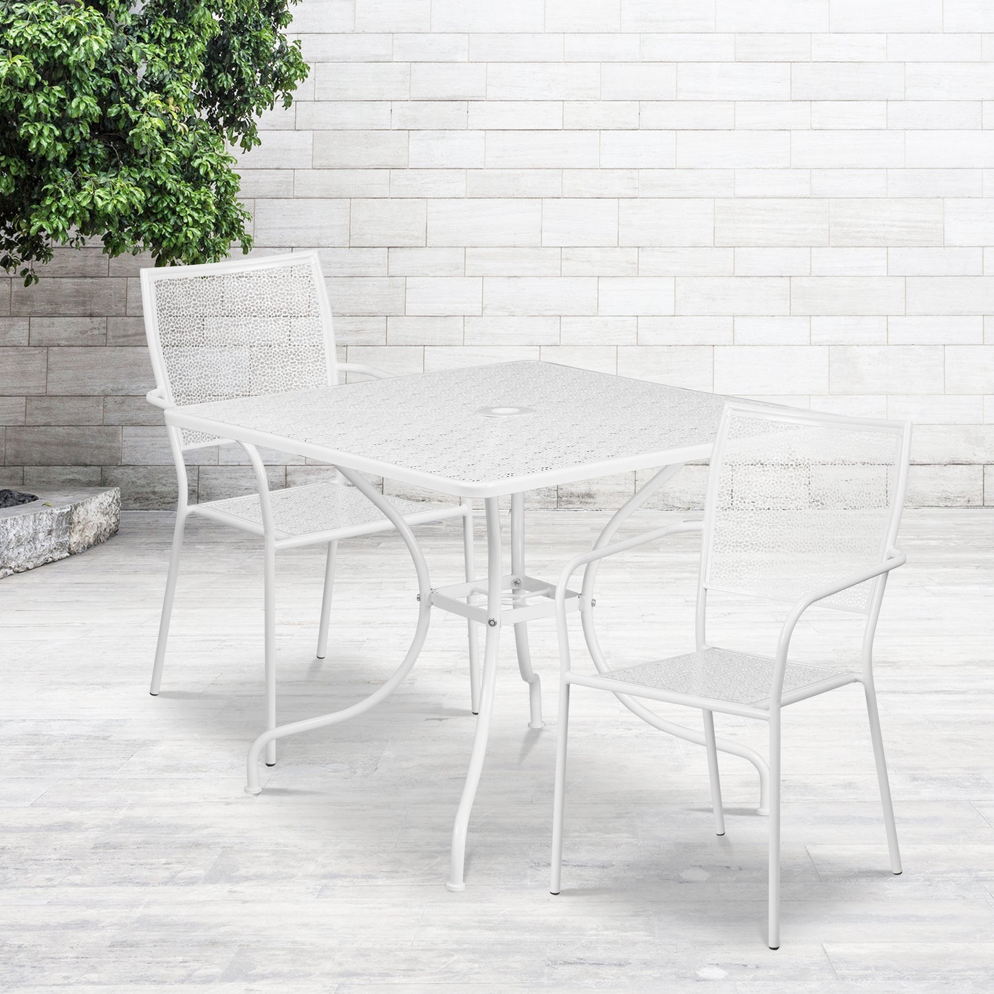 Oia Commercial Grade 35.5" Square White Indoor-Outdoor Steel Patio Table Set with 2 Square Back Chairs White