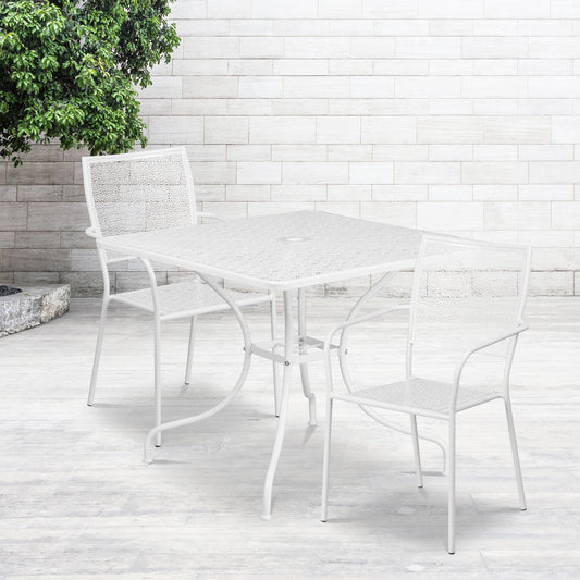 Oia Commercial Grade 35.5" Square White Indoor-Outdoor Steel Patio Table Set with 2 Square Back Chairs White