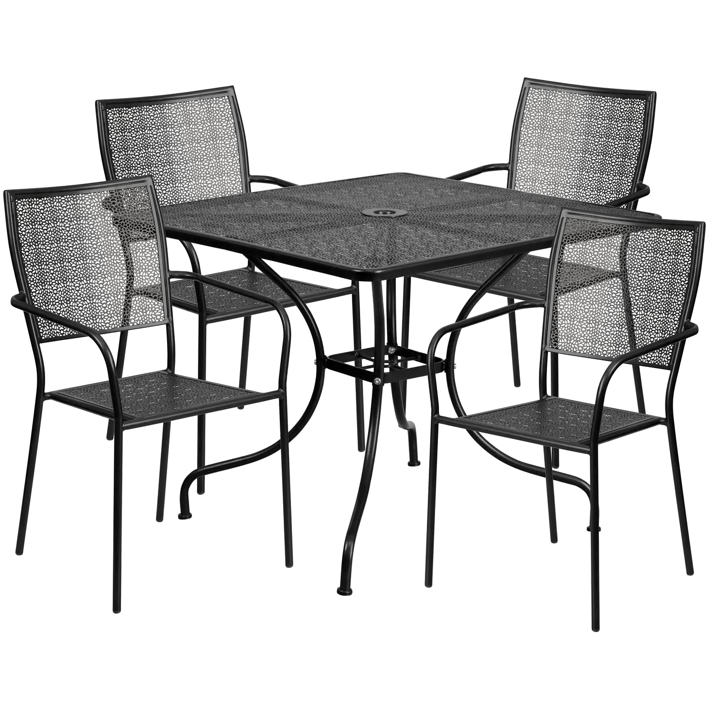 Oia Commercial Grade 35.5" Square Black Indoor-Outdoor Steel Patio Table Set with 4 Square Back Chairs Black