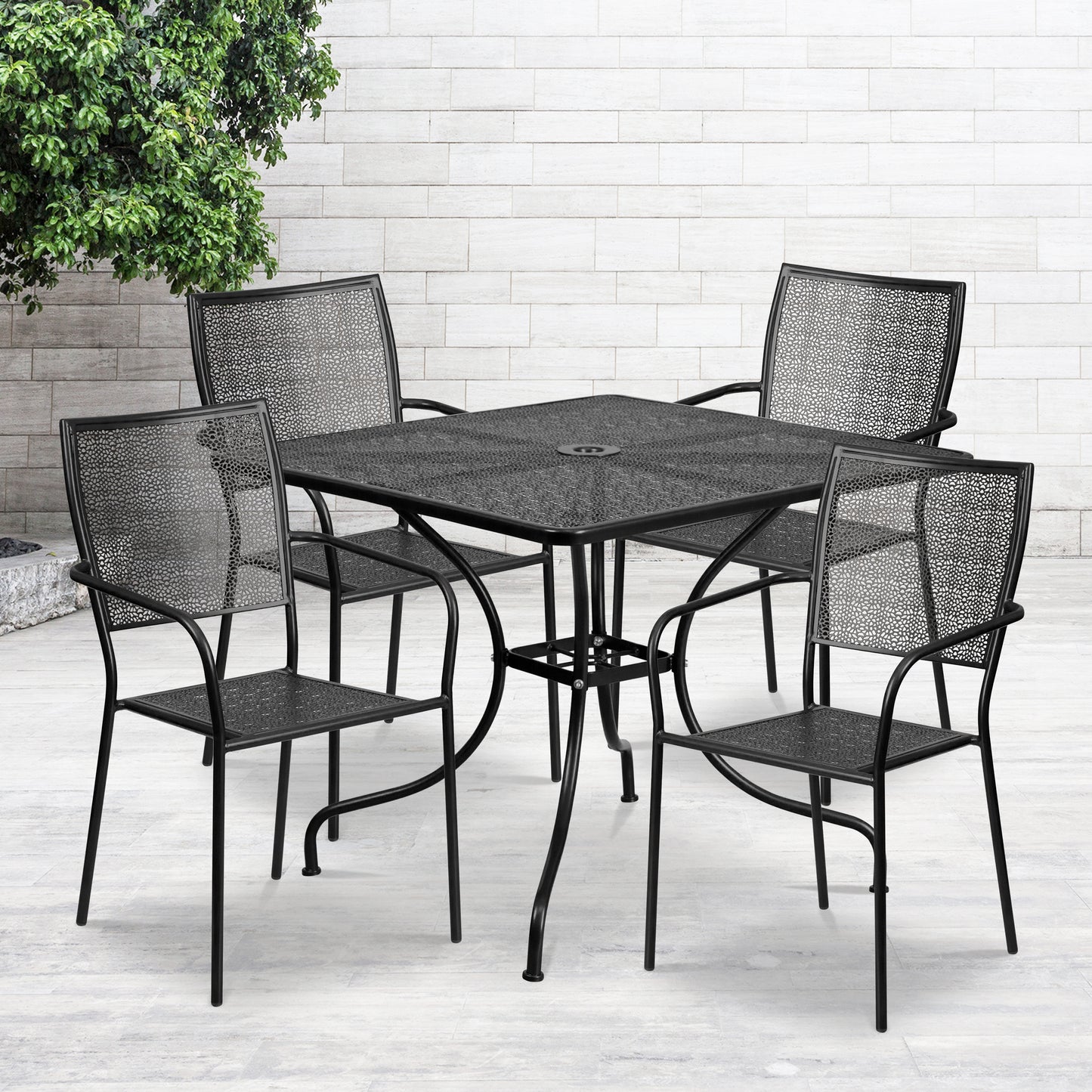 Oia Commercial Grade 35.5" Square Black Indoor-Outdoor Steel Patio Table Set with 4 Square Back Chairs Black