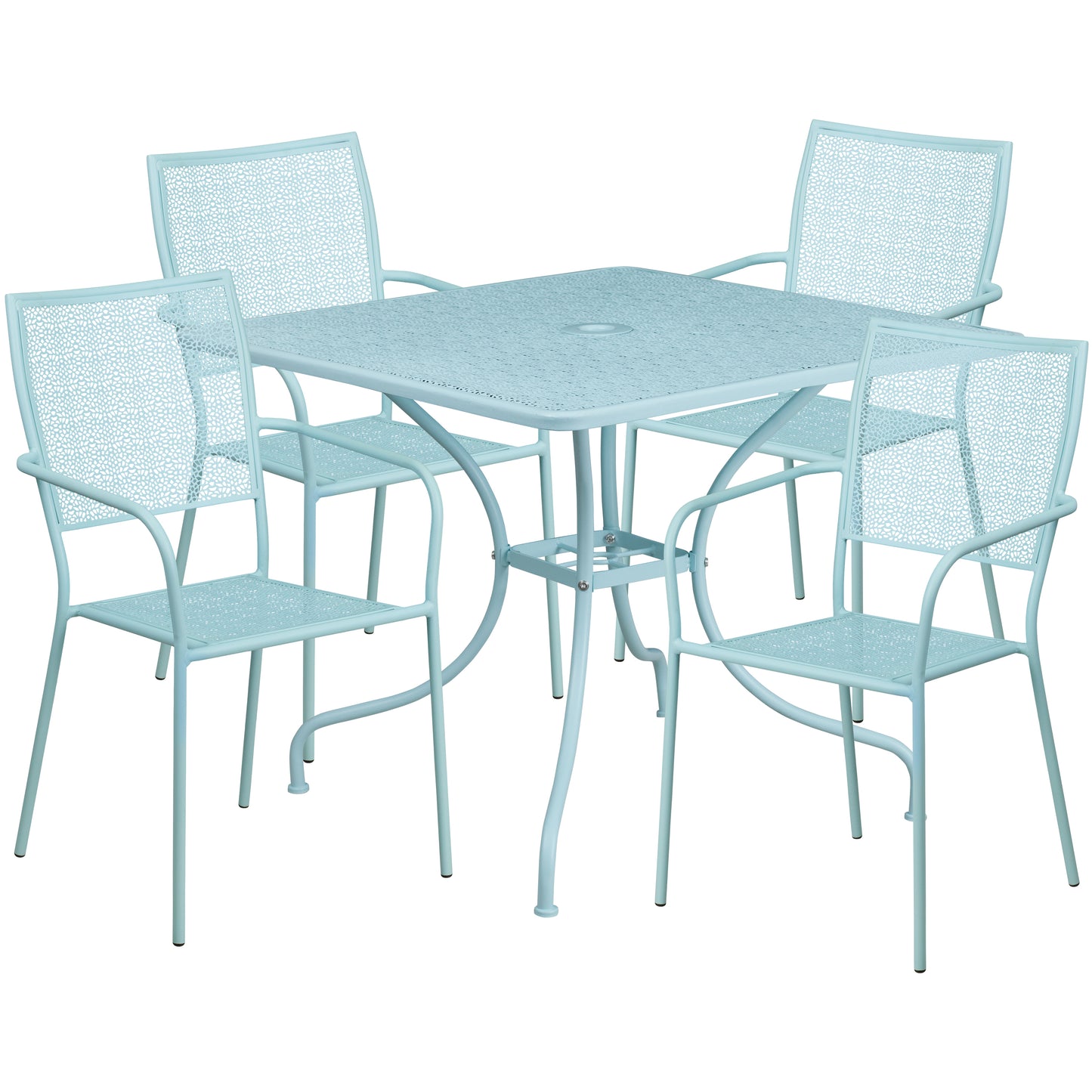 Oia Commercial Grade 35.5" Square Sky Blue Indoor-Outdoor Steel Patio Table Set with 4 Square Back Chairs Sky Blue