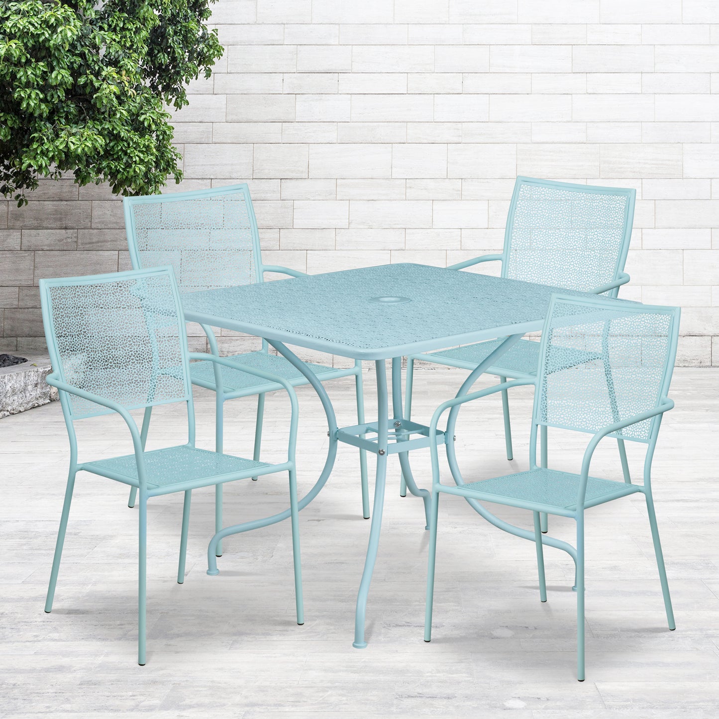 Oia Commercial Grade 35.5" Square Sky Blue Indoor-Outdoor Steel Patio Table Set with 4 Square Back Chairs Sky Blue