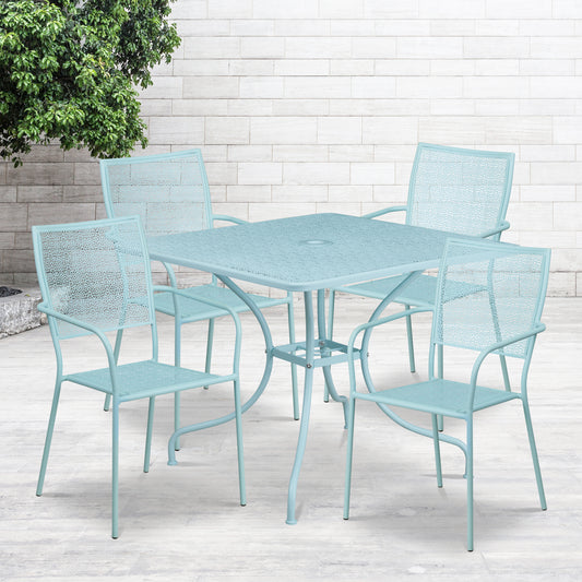 Oia Commercial Grade 35.5" Square Sky Blue Indoor-Outdoor Steel Patio Table Set with 4 Square Back Chairs Sky Blue