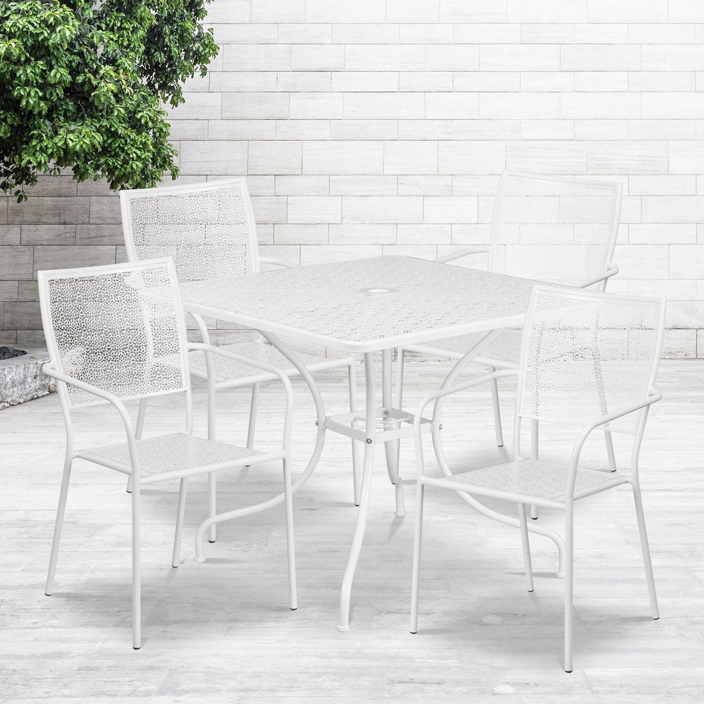 Oia Commercial Grade 35.5" Square White Indoor-Outdoor Steel Patio Table Set with 4 Square Back Chairs White