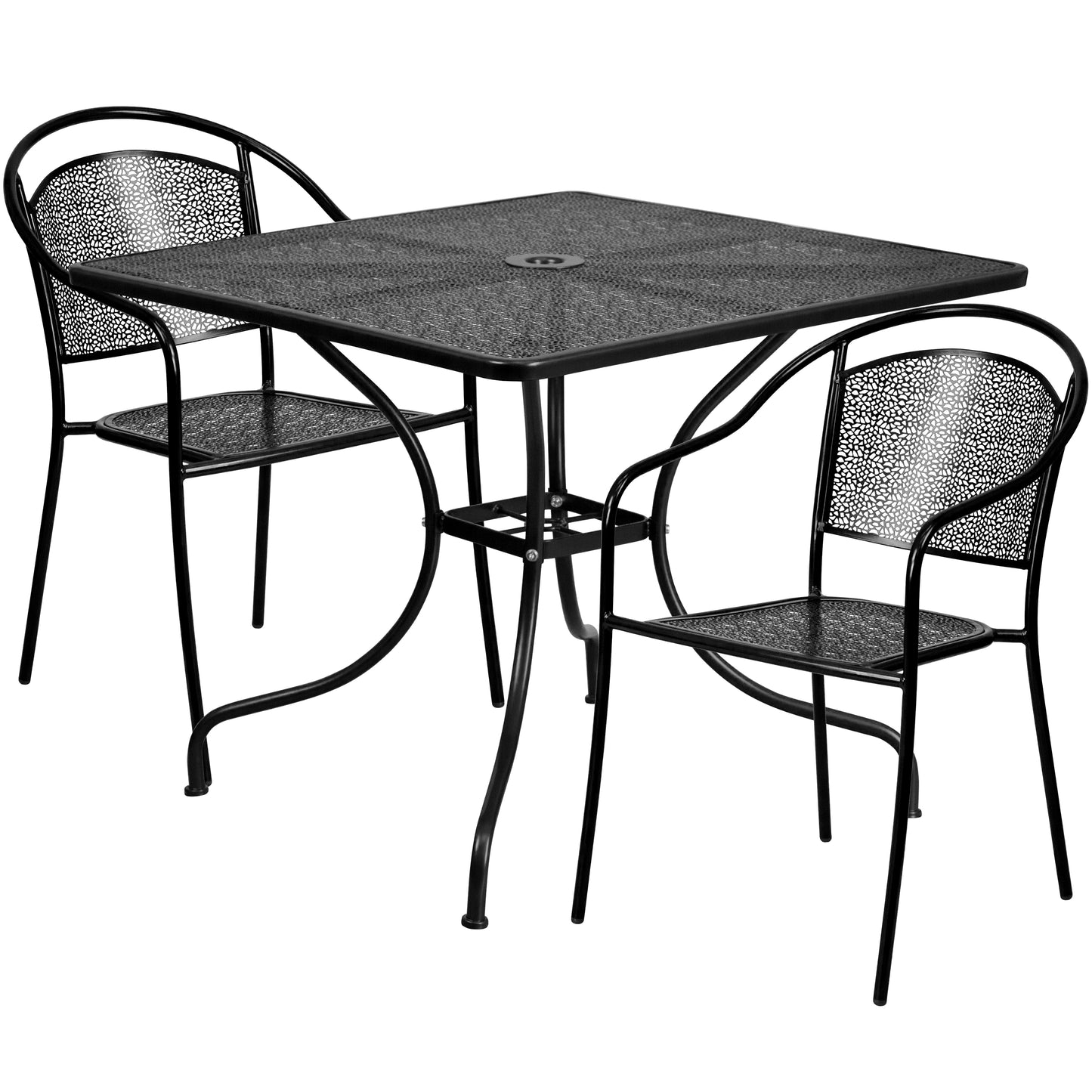Oia Commercial Grade 35.5" Square Black Indoor-Outdoor Steel Patio Table Set with 2 Round Back Chairs Black