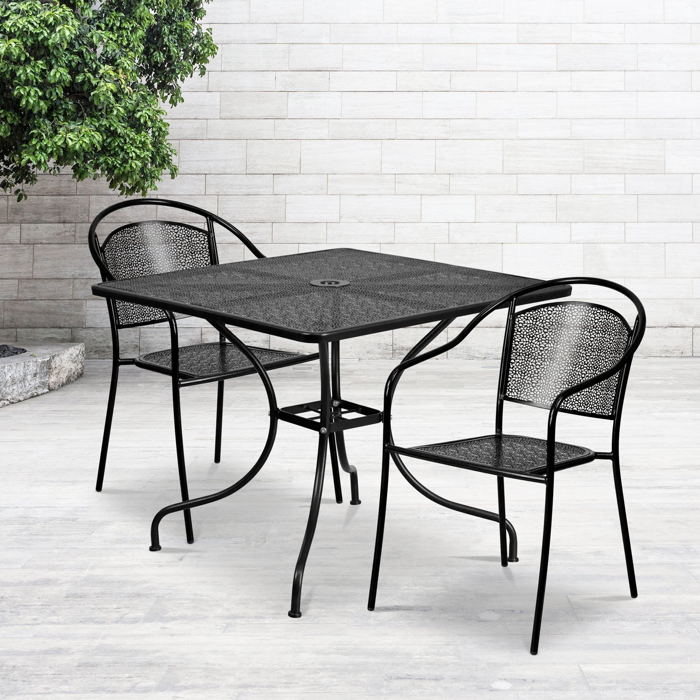 Oia Commercial Grade 35.5" Square Black Indoor-Outdoor Steel Patio Table Set with 2 Round Back Chairs Black