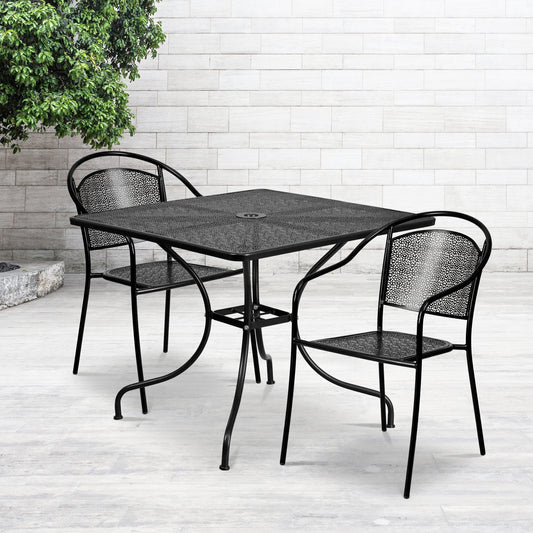 Oia Commercial Grade 35.5" Square Black Indoor-Outdoor Steel Patio Table Set with 2 Round Back Chairs Black