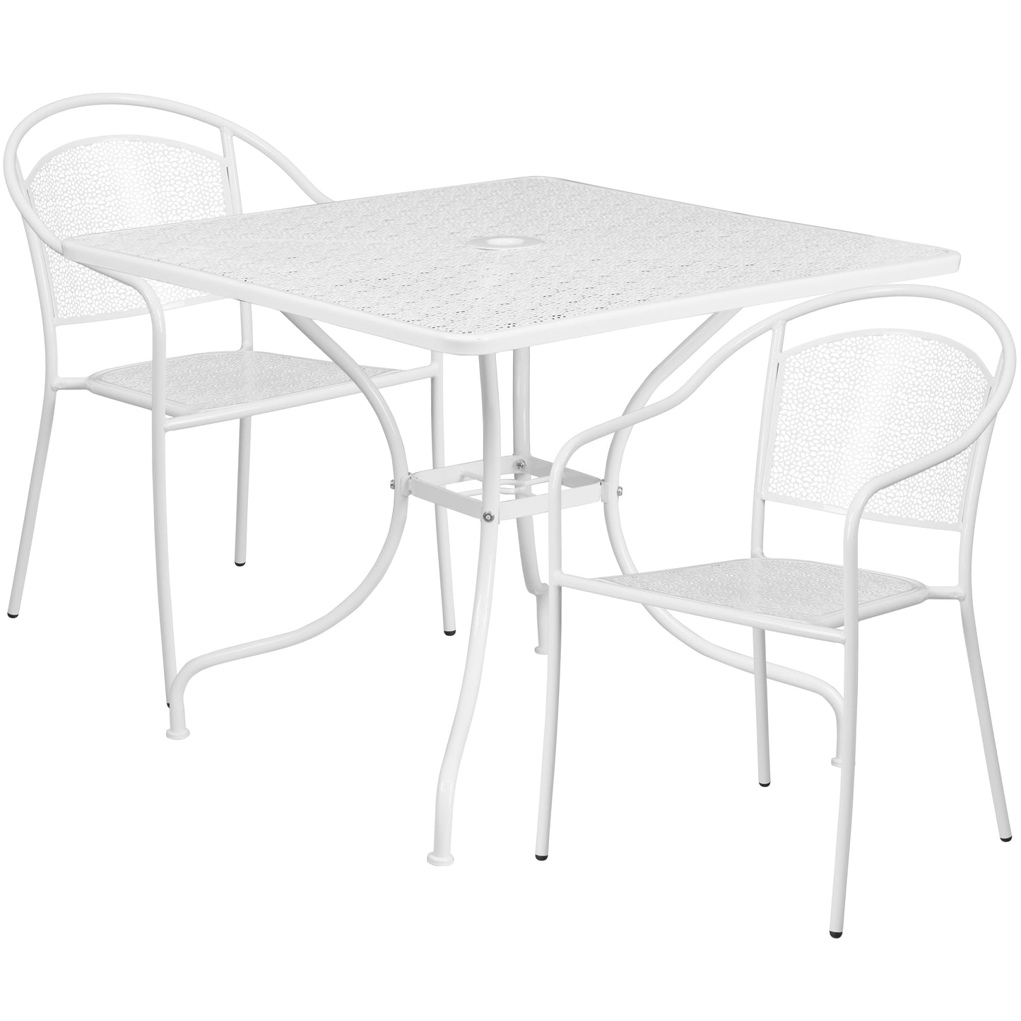 Oia Commercial Grade 35.5" Square White Indoor-Outdoor Steel Patio Table Set with 2 Round Back Chairs White