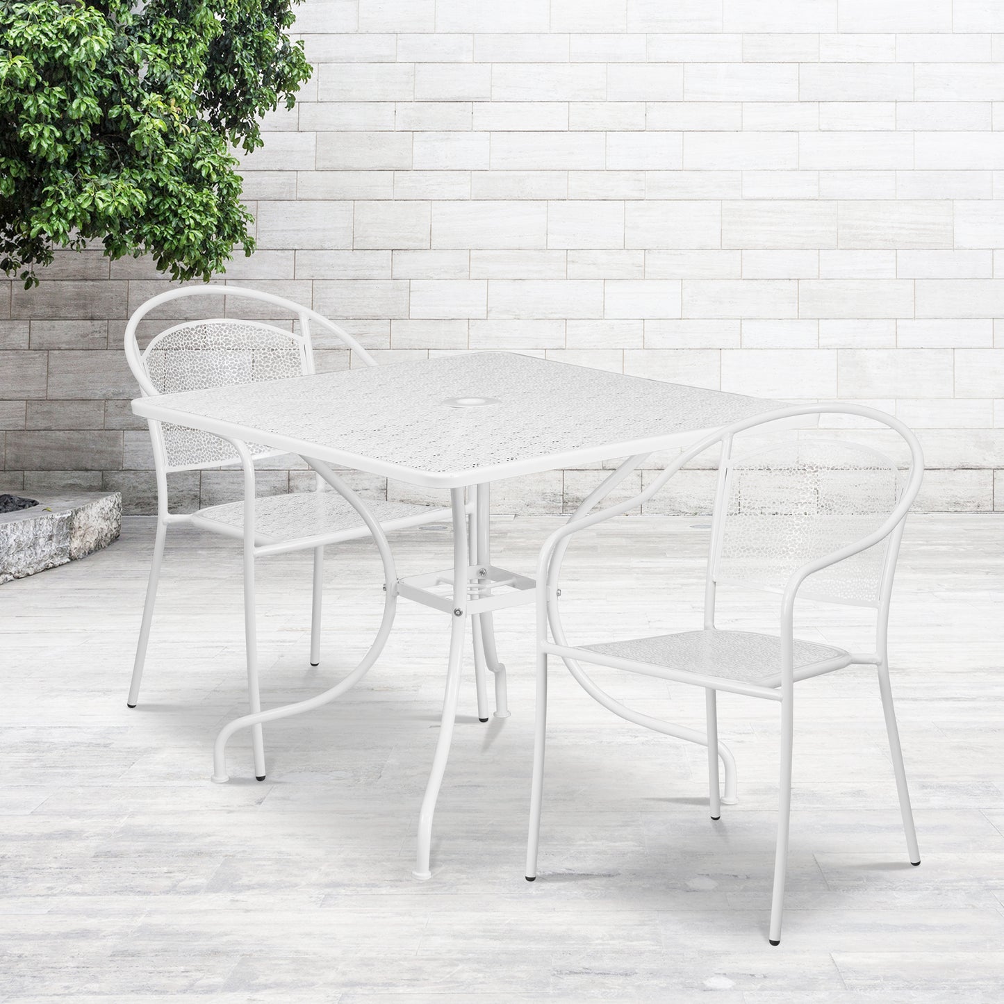 Oia Commercial Grade 35.5" Square White Indoor-Outdoor Steel Patio Table Set with 2 Round Back Chairs White