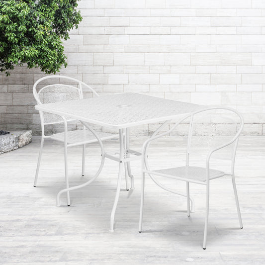 Oia Commercial Grade 35.5" Square White Indoor-Outdoor Steel Patio Table Set with 2 Round Back Chairs White