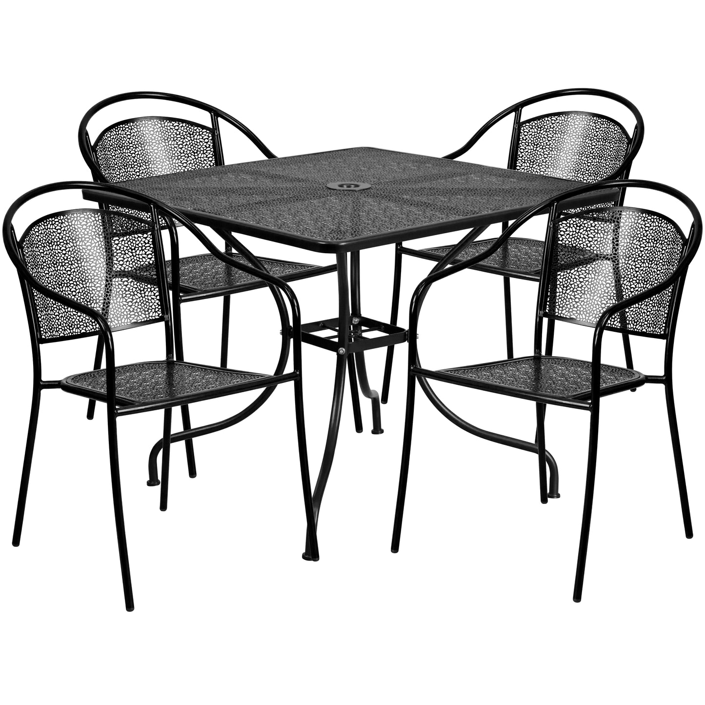 Oia Commercial Grade 35.5" Square Black Indoor-Outdoor Steel Patio Table Set with 4 Round Back Chairs Black