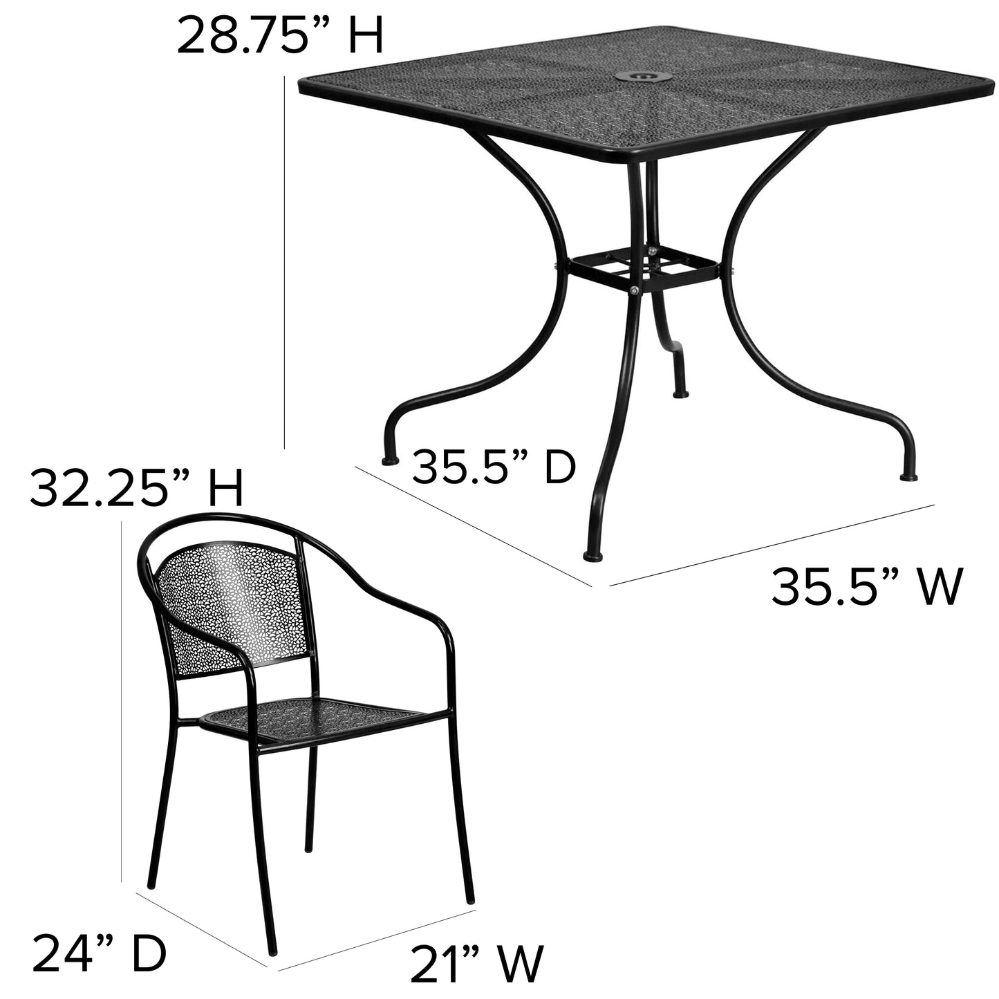 Oia Commercial Grade 35.5" Square Black Indoor-Outdoor Steel Patio Table Set with 4 Round Back Chairs Black