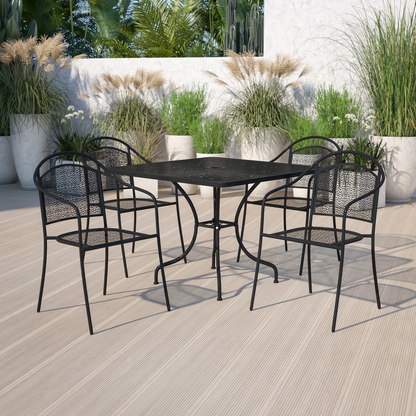 Oia Commercial Grade 35.5" Square Black Indoor-Outdoor Steel Patio Table Set with 4 Round Back Chairs Black