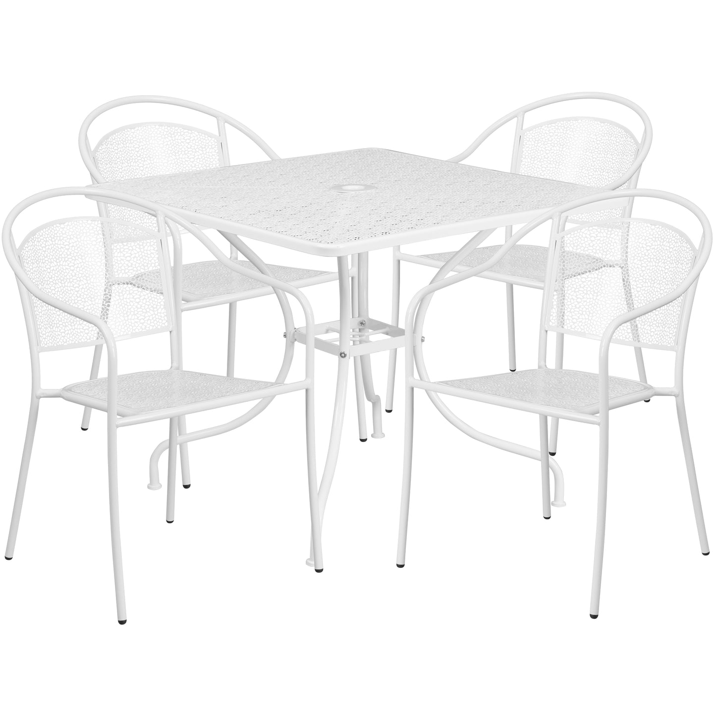 Oia Commercial Grade 35.5" Square White Indoor-Outdoor Steel Patio Table Set with 4 Round Back Chairs White