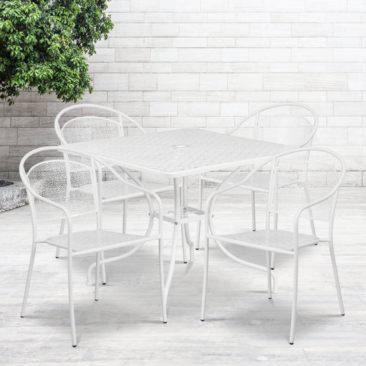 Oia Commercial Grade 35.5" Square White Indoor-Outdoor Steel Patio Table Set with 4 Round Back Chairs White